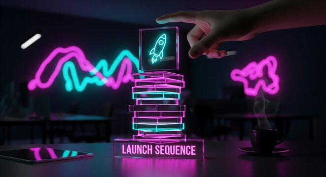 Neon rocket launch sequence countdown with digital display and bright lights
