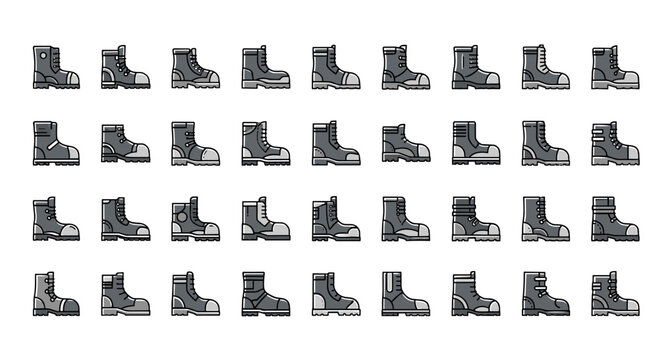 Collection of detailed flat icons representing various types of work boots and combat boots in different styles and colors
