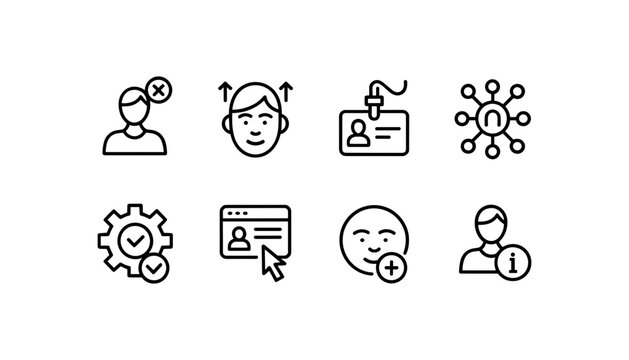 Human profile icons with settings gear ID card and network connection on white background