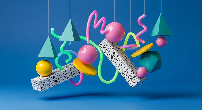 3D Abstract Colorful Memphis Style Composition with Floating Geometric Shapes Vibrant Squiggles and Terrazzo Blocks on a Solid Blue Background for Modern Creative Design