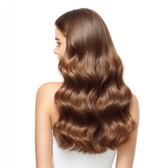 Fototapeta premium Elegant Long Brown Hair with Soft Waves Flowing Over Shoulder in Bright Natural Light