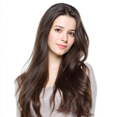 Fototapeta premium Young woman with long flowing dark hair and natural makeup, smiling softly against a white background, beauty and confidence portrait