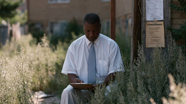 Federal housing authority inspector documenting property code violations at abandoned low-income housing development, overgrown yard, condemned notice posted, clipboard checklist, regulatory enforce