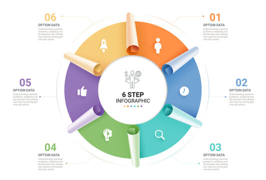 Modern infographic template with colorful paper roll elements, business icons. Can be use diagram, timeline, workflow and background