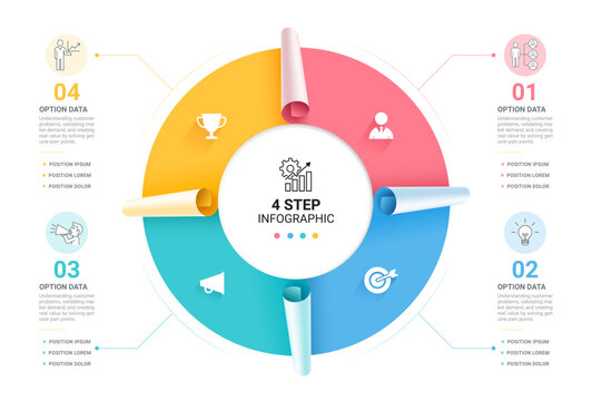 Modern infographic template with colorful paper roll elements, business icons. Can be use diagram, timeline, workflow and background