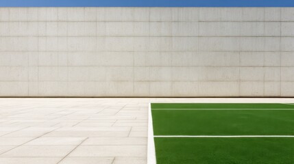 Fototapeta premium A modern sports court bordered by concrete walls under a clear blue sky with minimalist design