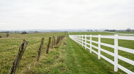Obraz premium Contrasting Rural Fences in Green Pasture Landscape