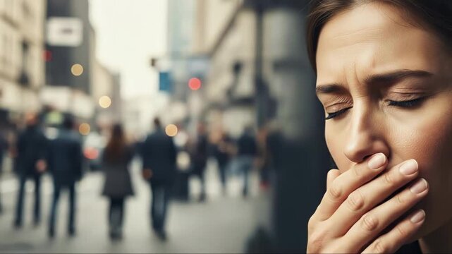 A person struggles with acute hearing problems, an inner ear disease, auditory impairment, experiencing painful sound sensitivity, overwhelmed by intense urban noise waves