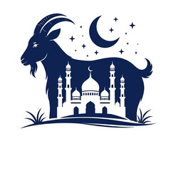 A goat silhouette stands before a mosque under a crescent moon and stars at night © David