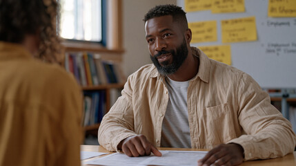 Fototapeta premium Army veteran working with a reintegration career coach in a small nonprofit office, a printed resume spread between them on the desk, sticky notes covering a whiteboard with job search milestones, m