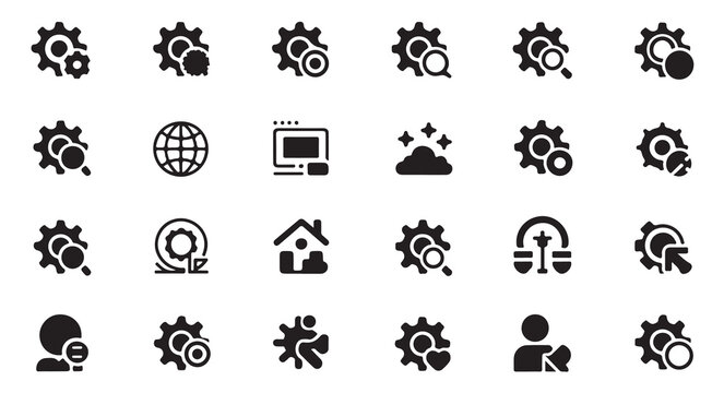 Gear and setting interface icons for web development and software application dashboard.