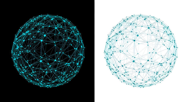 Abstract cyan network sphere on black and white background