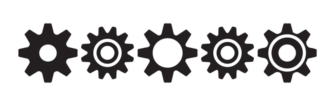 Various gear wheel silhouettes for mechanical engineering and industrial design elements.