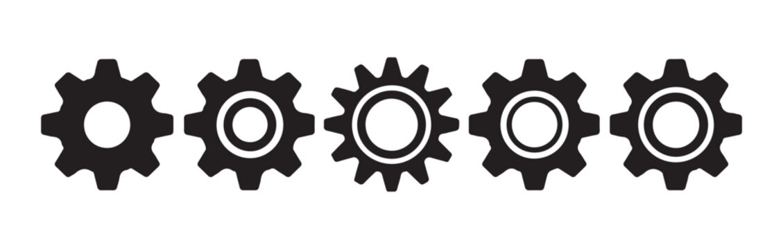 Settings gear icon collection for software interface and technical configuration elements.