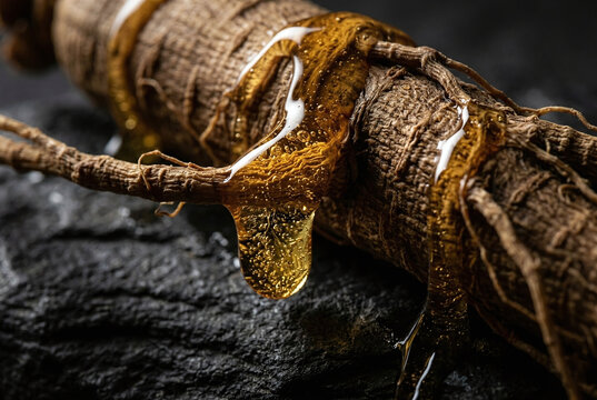 Generative AI Macro shot of golden honey dripping on raw ginseng root texture