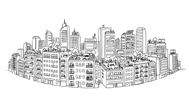 Hand-drawn sketch of a modern city skyline with green rooftops and solar panels