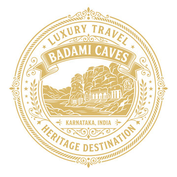 Luxury travel emblem featuring Badami Caves Karnataka India vintage vector illustration