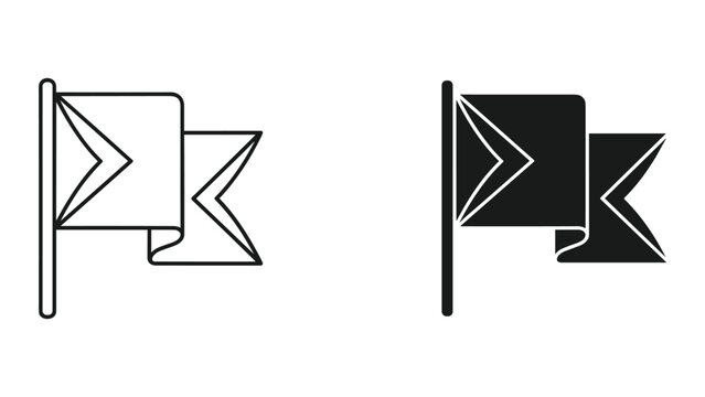 Black and white flag icons with two flags on a pole, isolated on white background