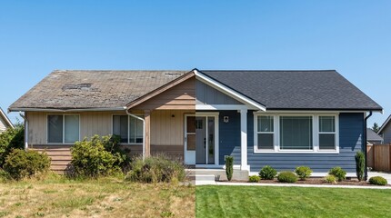 Fototapeta premium Ranch House Exterior Renovation: Dramatic Before and After Transformation