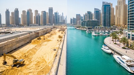 Obraz premium Panoramic Dubai Marina Before and After Urban Development Transformation