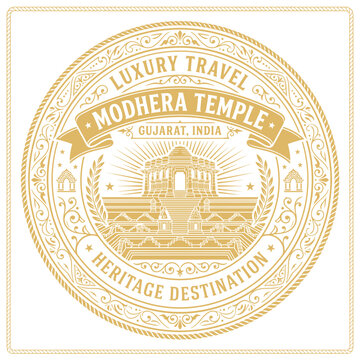 Luxury travel emblem featuring Modhera Sun Temple Gujarat India vector illustration