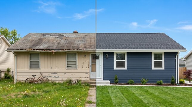 Old House Before and After Modern Renovation with New Siding and Roof