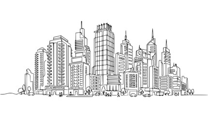 Naklejka premium Hand-drawn sketch of a modern city skyline with skyscrapers and busy streets