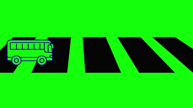 Animated bus icon crossing a pedestrian zebra crossing on green screen background.