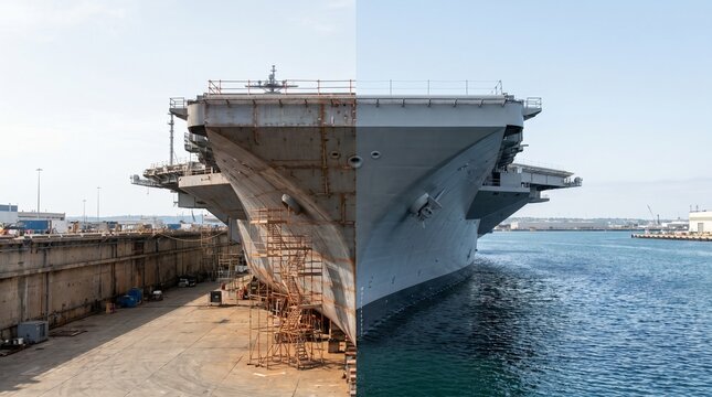 Naval Aircraft Carrier Under Repair in Dry Dock and Ready at Sea