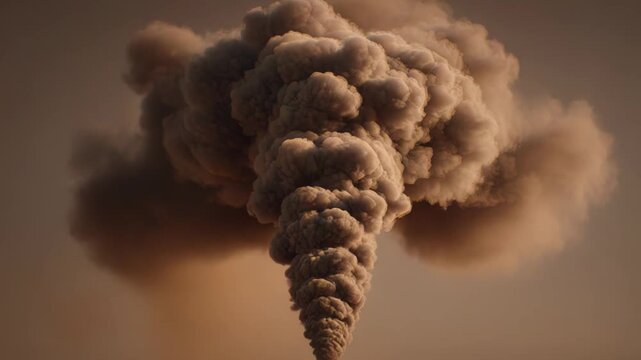 Thick, dark smoke column rises into the atmosphere, creating air pollution and smog from industrial processes impacting environment and contributing to global warming