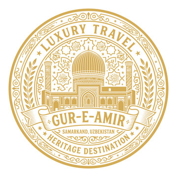 Gur-e-Amir Samarkand Uzbekistan luxury travel vintage emblem vector illustration