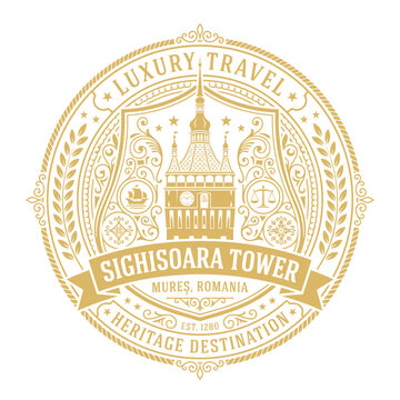 Luxury travel emblem with Sighisoara Clock Tower Romania vector illustration
