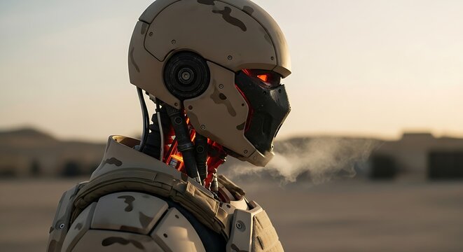 Futuristic Combat Robot in Desert Camouflage Armor at Sunset