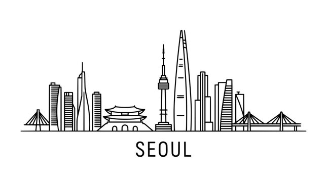 Seoul Skyline Silhouette: Modern and Traditional Architecture Line Art