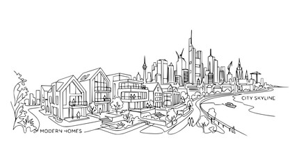Obraz premium Modern Homes and City Skyline Sketch - Urban Landscape Illustration