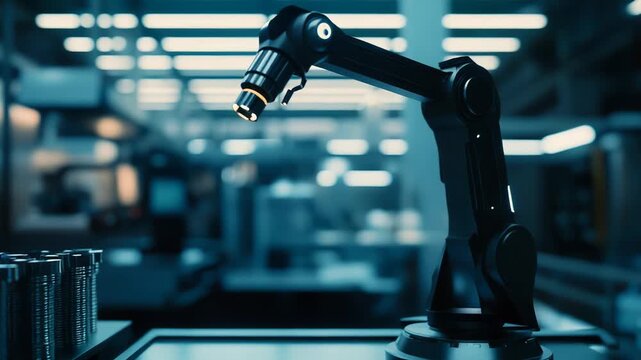 Robotic arm precisely handling small components on a factory production line, demonstrating advanced manufacturing, industrial automation, and futuristic technology in a modern facility