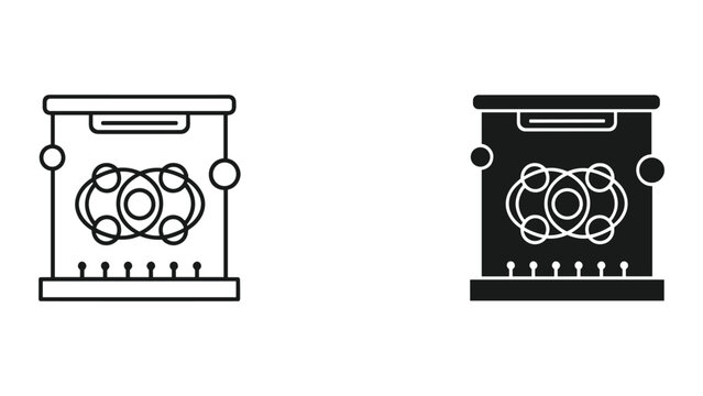 Black and white line icons of 3d printer with molecular structure on screen isolated on white background