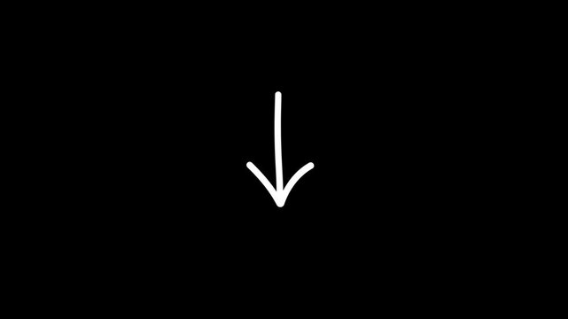 Hand Drawn Animated Doodle Arrows Collection. Down arrow animation, Hand drawn doodle arrow sketch, isolated sign on black background. 4k video