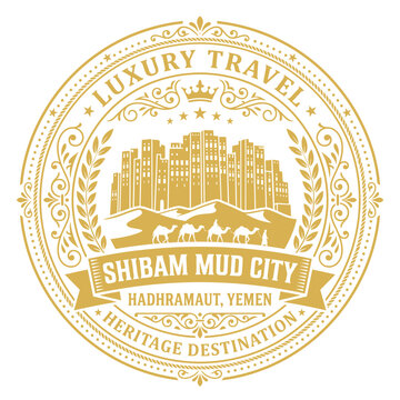 Luxury travel emblem featuring Shibam mud skyscrapers in Yemen vector