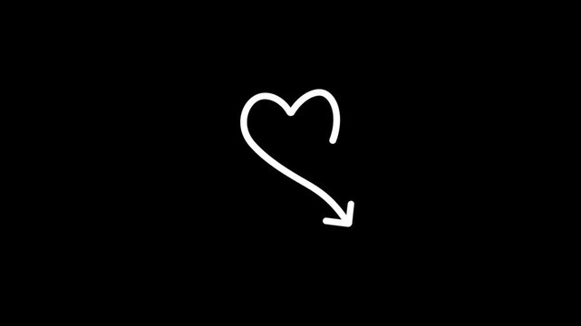 curved arrow animation, hand drawn arrow lines forming love, in doodle style, black background, 4k video
