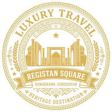 Registan Square luxury travel badge with golden architectural vector illustration