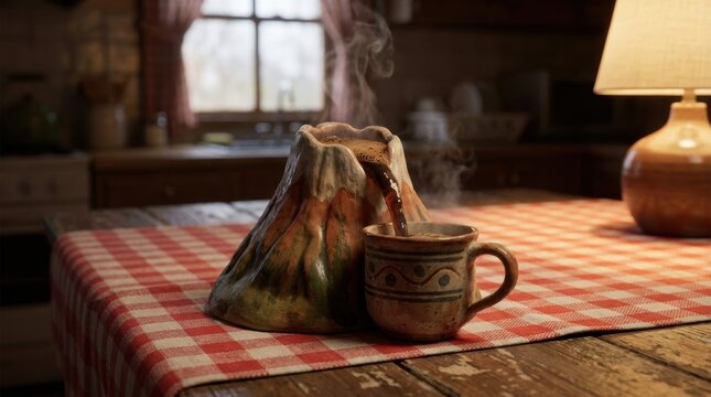 Miniature volcanic mountain coffee dispenser pouring hot steaming dark coffee into a ceramic mug on a red and white checkered tablecloth in a cozy rustic kitchen interior.