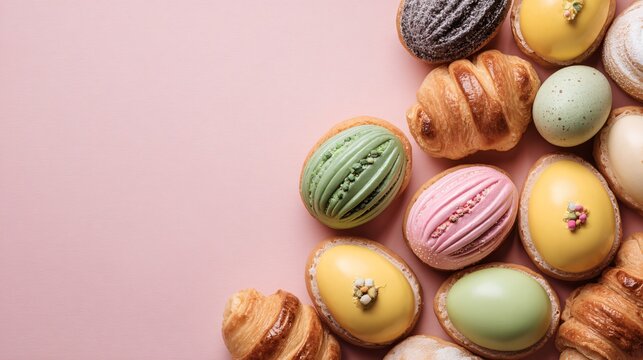 Easter pastries arranged in a tight cluster on pastel background, outer frame left completely empty, strong commercial composition