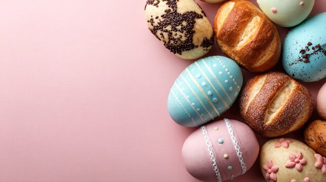 Easter pastries arranged in a tight cluster on pastel background, outer frame left completely empty, strong commercial composition