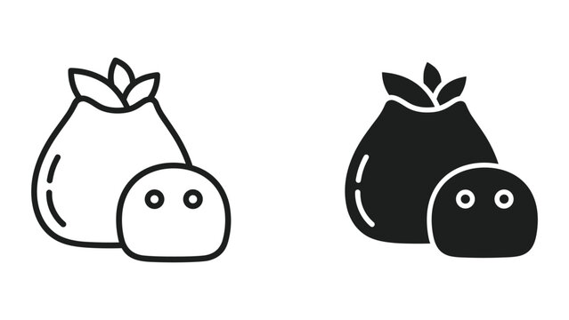 Black and white line art illustration of two cartoon fruits with leaves and small round objects