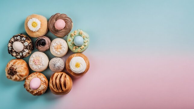 Easter pastries arranged in a tight cluster on pastel background, outer frame left completely empty, strong commercial composition
