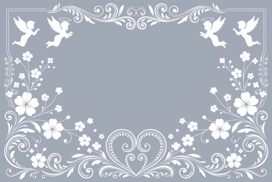 Ornate white decorative frame on a light grey background featuring cherub angels delicate flowers and a heart at the bottom center of the border.