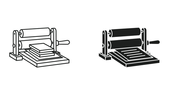 Two variations of a printing press machine with rollers and handles on a white background