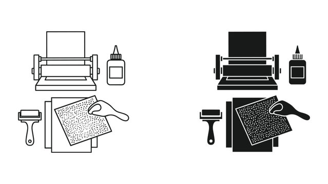 Vector illustrations of screen printing equipment in black and white line art and solid black