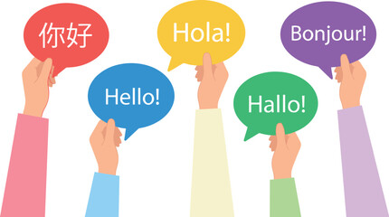 Multilingual Hello Greetings in Colorful Speech Bubbles Held by Hands Representing Global Communication, Language Learning, Diversity, International Relations, and Cultural Inclusion Concepts © Mst